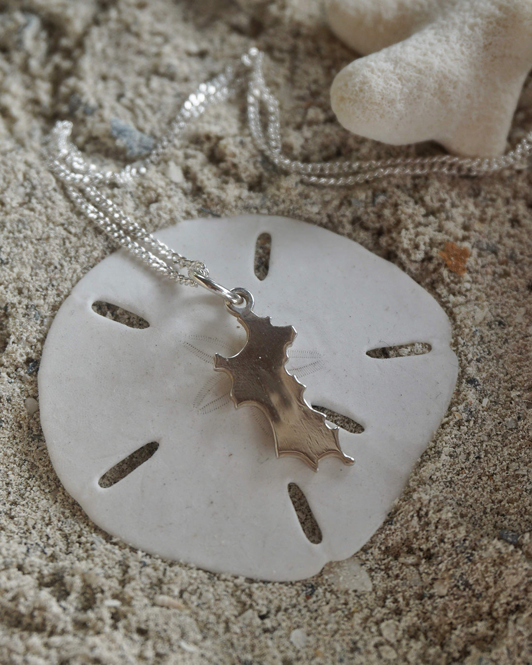 Solid sterling silver MINI Mustique island pendant necklace on sand dollar, made in England