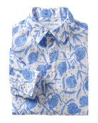 mens linen shirt in white with blue pomegranate print