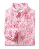 mens linen shirt in white with pink pomegranate print