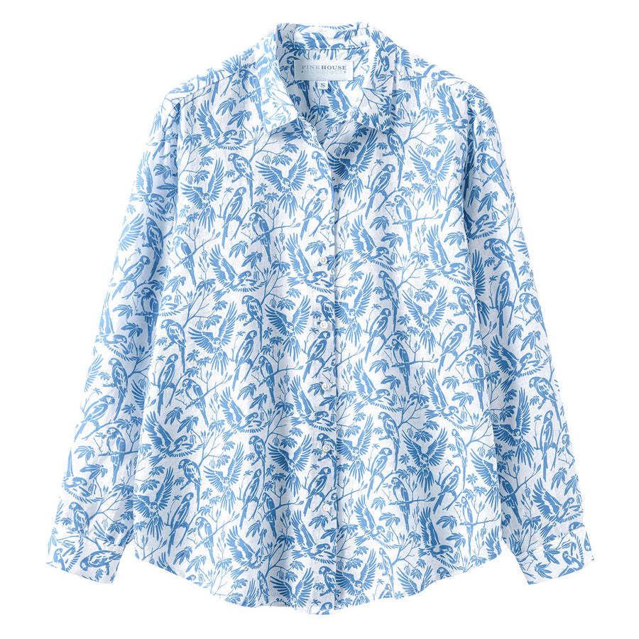 Tropical vacation women's linen shirt cover up in blue Parrot print by designer Lotty B