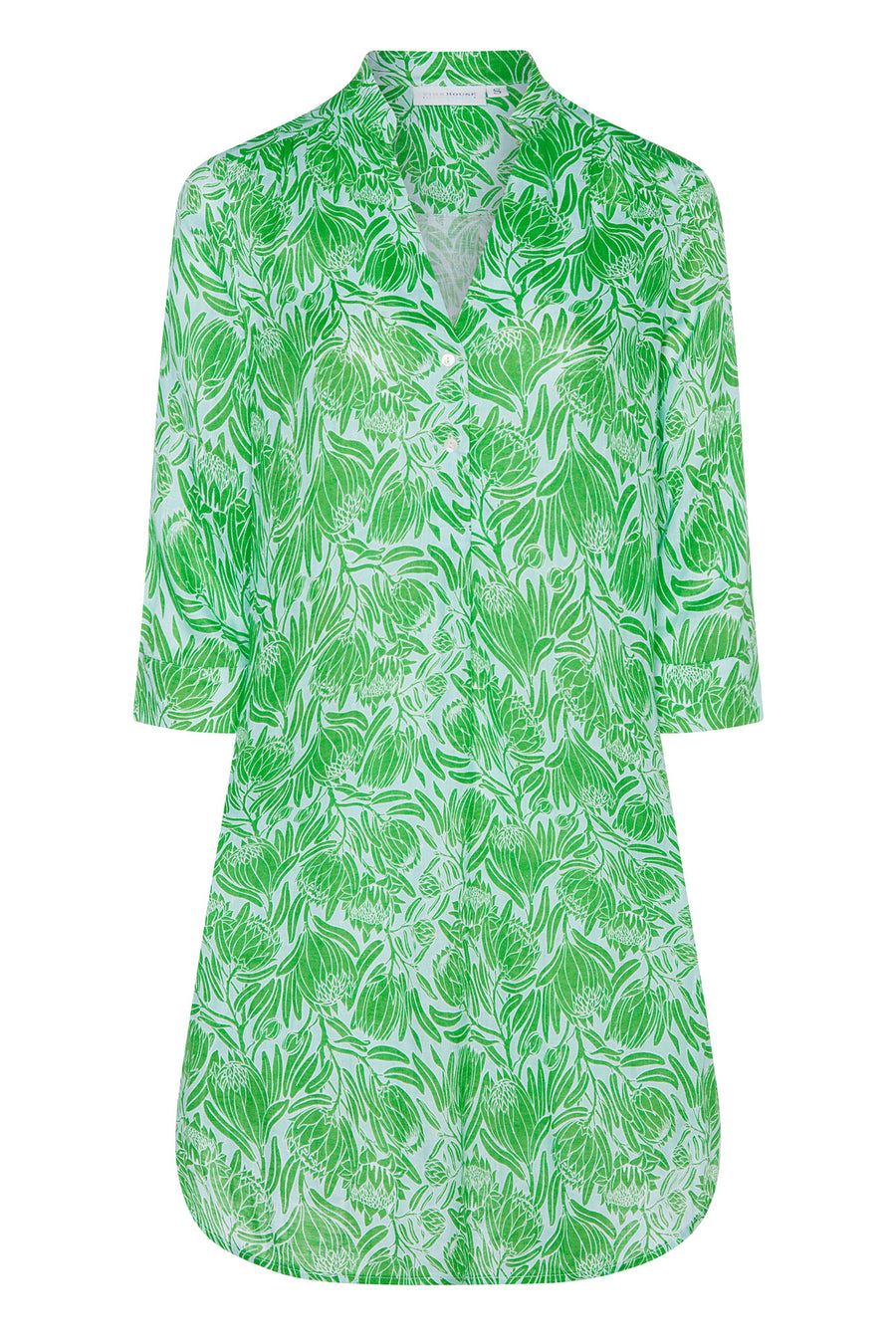 Luxury resort style womens dress in blue green floral Protea print by Lotty B for Pink House Mustique