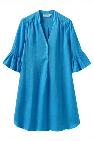 Womens linen Decima dress with gathered sleeves in plain Turquoise blue
