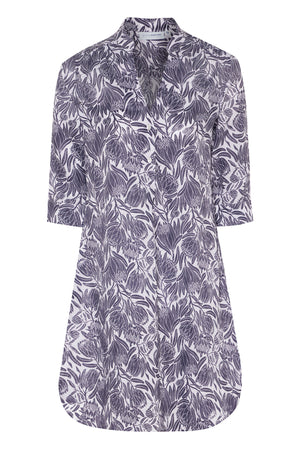 Womens linen dress in aubergine navy blue floral Protea print by Lotty B for Pink House Mustique