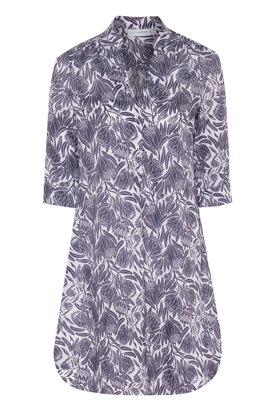 Designer womens dress in aubergine navy blue floral Protea print by Lotty B for Pink House Mustique