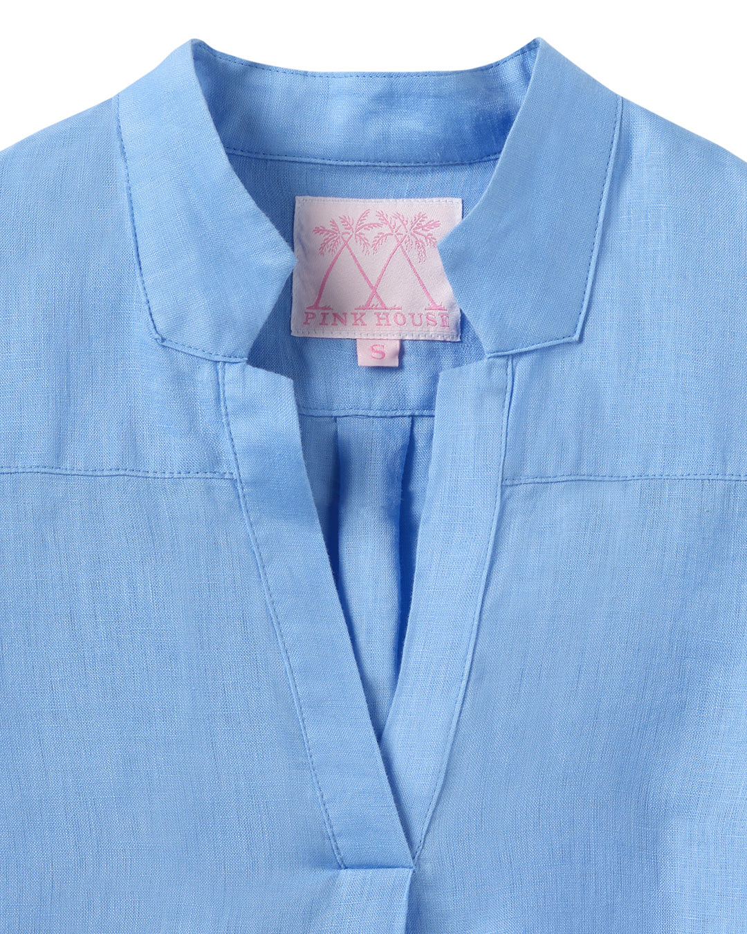 Close up collar detail view of Women's linen Kim blouse in French Blue by Pink House – perfect for casual and holiday wear.