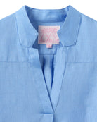 Close up collar detail view of Women's linen Kim blouse in French Blue by Pink House – perfect for casual and holiday wear.