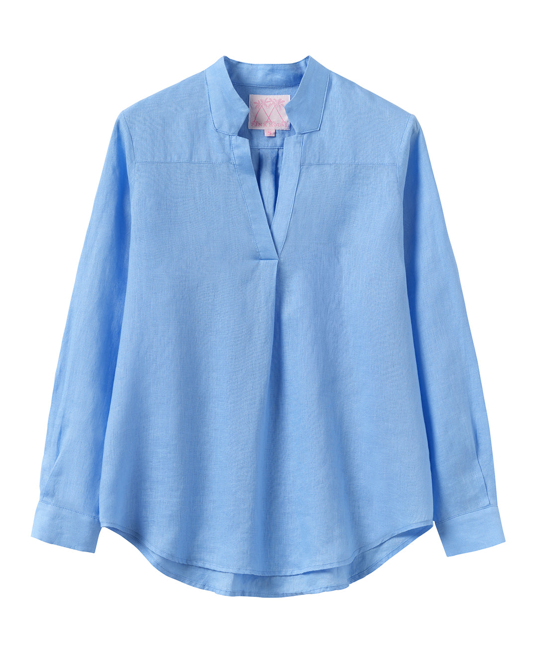 Women's linen Kim blouse in French Blue by Pink House – lightweight long sleeve shirt with split neckline and relaxed fit, perfect for casual and resort wear.