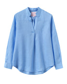 Women's linen Kim blouse in French Blue by Pink House – lightweight long sleeve shirt with split neckline and relaxed fit, perfect for casual and resort wear.