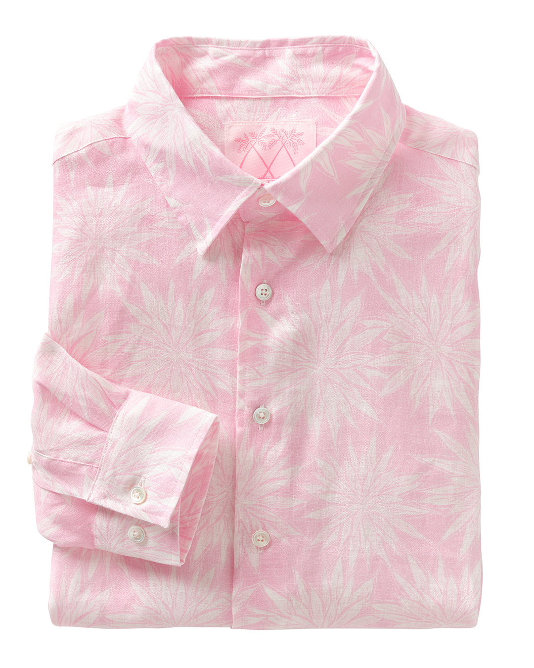 Men’s linen shirt in Agave pink print – lightweight, breathable, luxury resort wear from Pink House Mustique.