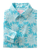 Turquoise Agave print linen shirt for men – crisp lightweight fabric, tropical design, Pink House Mustique menswear.