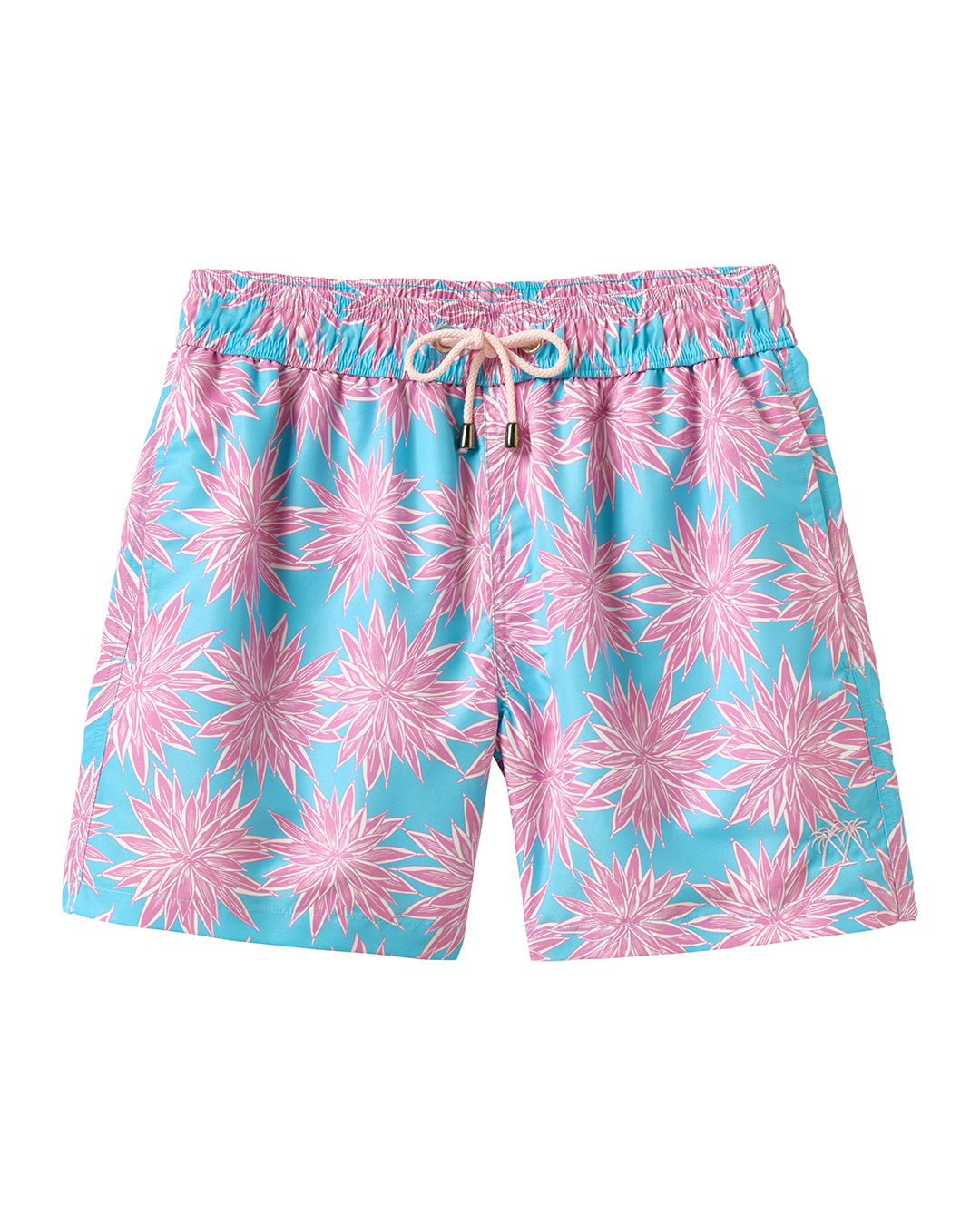 Men's swim shorts in turquoise pink Agave print, sustainable recycled fabric, tropical resortwear by Pink House Mustique