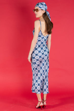Kate style silk patterned dress, made to order in vintage April Showers teal blue print crepe de Chine designer Lotty B Mustique for  Pink House Atelier Collections