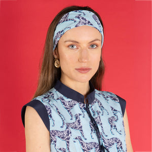 Elegant silk party outfit, Marina waistcoat in pale blue crepe de Chine Lurcher print by designer Lotty B Mustique for Pink House Atelier Collections