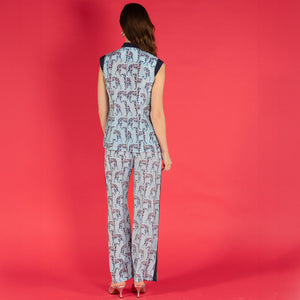 Designer silk Marina waistcoat & pants outfit in pale blue crepe de Chine Lurcher print by designer Lotty B Mustique for Pink House Atelier Collections