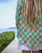 Close-up of Watermelon Green Anastasia linen shirt showing curved hem, relaxed fit and watermelon print