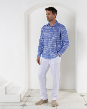 Men's linen beach shirt in blue Striped Shell print designer Lotty B Mustique
