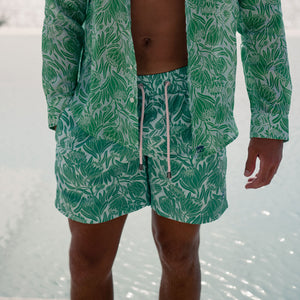 Mens vacation co-ords swim shorts in green and blue floral protea print