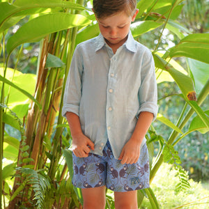 Boys swim shorts: MONKEY and PALMS - PLUM