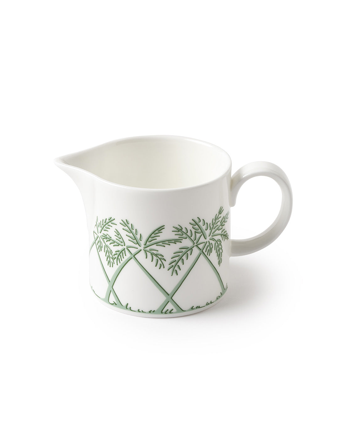 Fine bone china cream jug in Palms Sage Green pattern by Pink House Mustique, elegant British-made tea service piece.