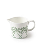Fine bone china cream jug in Palms Sage Green pattern by Pink House Mustique, elegant British-made tea service piece.