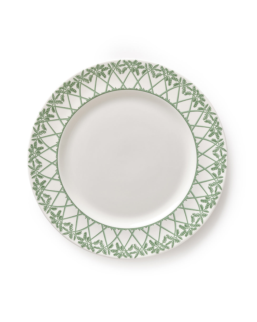 Fine bone china dinner plate in Palms Sage Green pattern, luxury British-made tableware by Pink House Mustique.