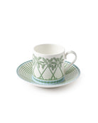 Fine bone china espresso cup and saucer in Palms Sage Green design by Pink House Mustique, handmade in England.