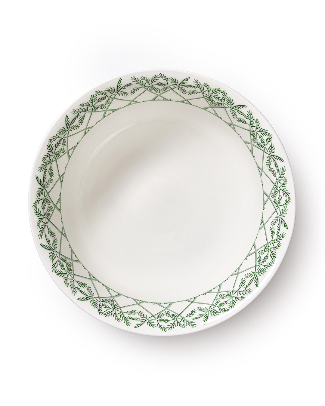 Fine bone china round serving bowl in Palms Sage Green design by Pink House Mustique, luxury British-made tableware.