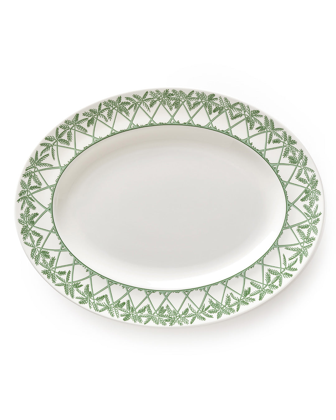 Fine bone china oval platter in Palms Sage Green pattern by Pink House Mustique, elegant British-made serveware.