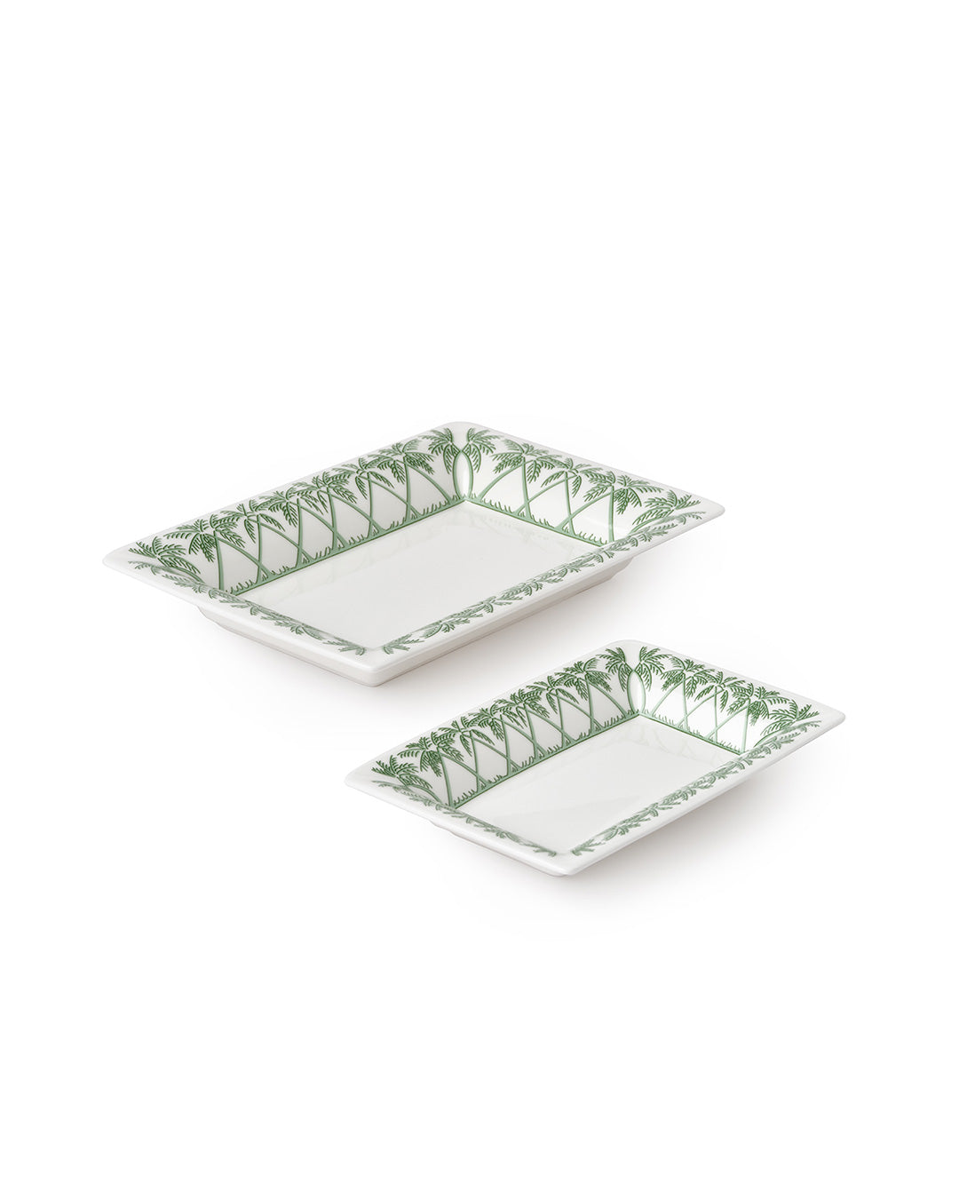 Showing the relative size of the trinket tray next to the small trinket tray in Palms Sage Green design by Pink House Mustique, handmade in England.