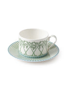 Fine bone china tea cup and saucer in Palms Sage Green design by Pink House Mustique, handmade in England.