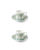 Fine bone china set of 2 espresso cups and saucers in Palms Sage Green design by Pink House Mustique, handmade in England.