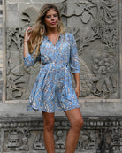 Amy short dress in silk CDC with Parrot print blue – island fashion at Sleeping Dragon Mustique