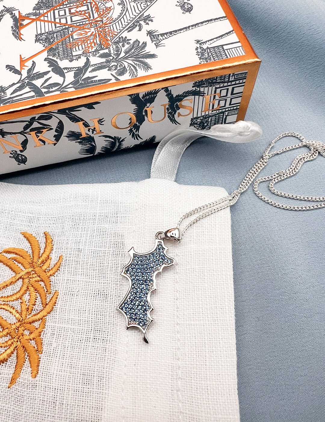 Sterling silver Mustique island pendant with blue zirconia crystals necklace and gift packaging Made in England