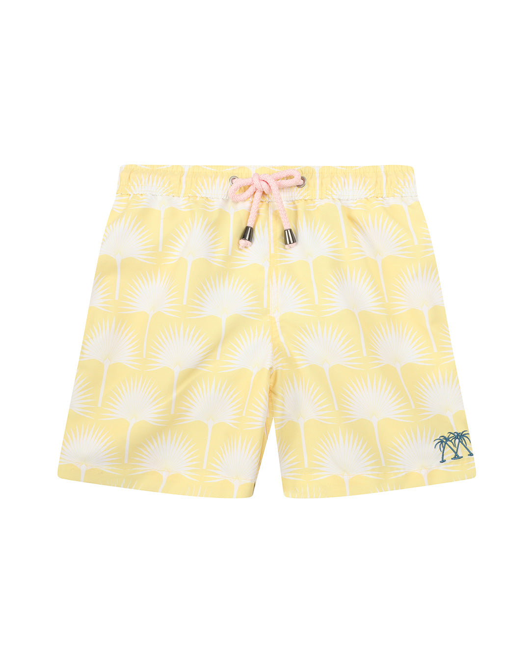 Boys Fan Palm Yellow swim shorts with white palm print and drawstring waist