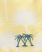 Embroidered Pink House Mustique logo on Boys Fan Palm Yellow swim shorts