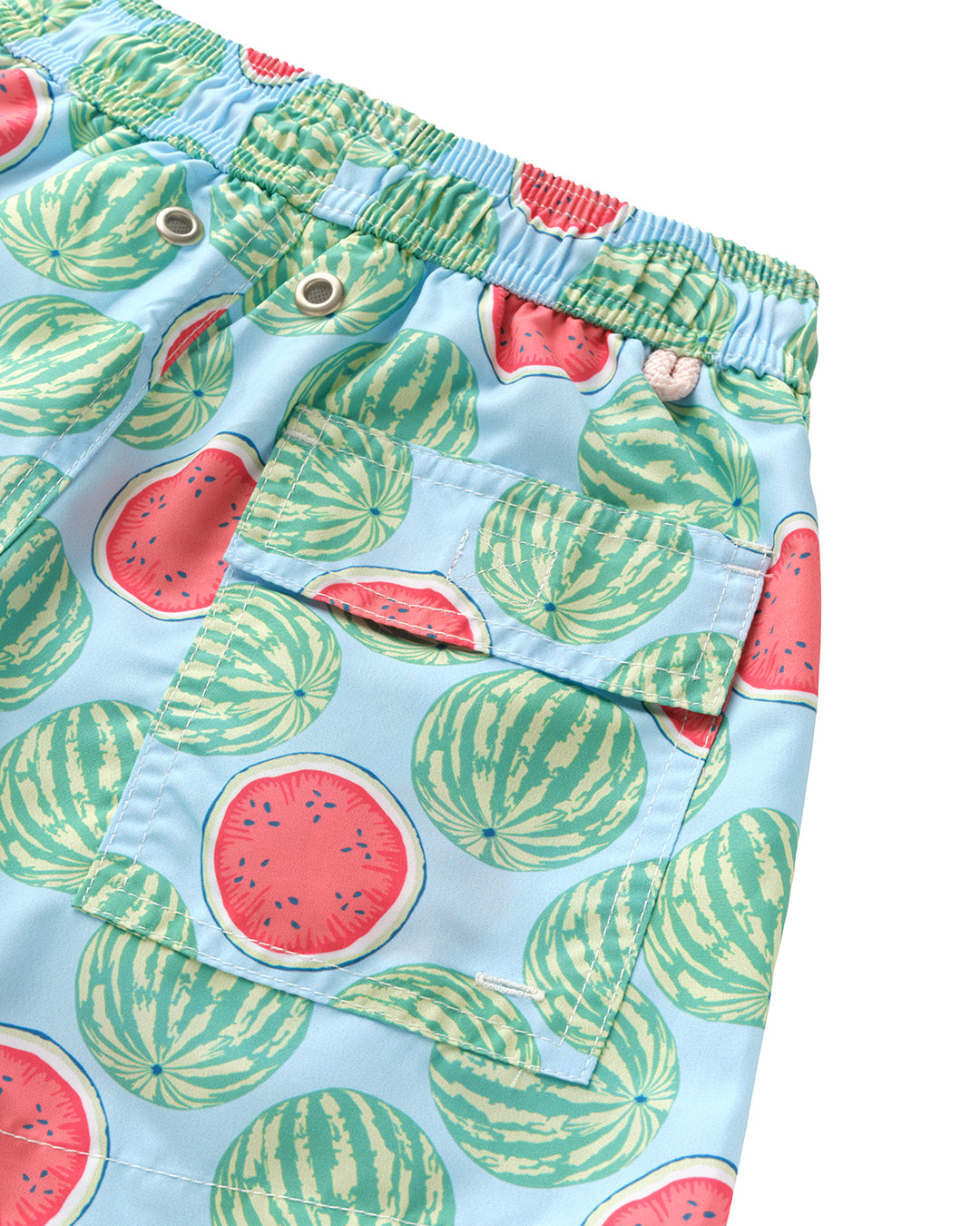 Boys' Watermelon swim shorts in sky blue with secure Velcro back pocket and recycled quick-dry fabric detail