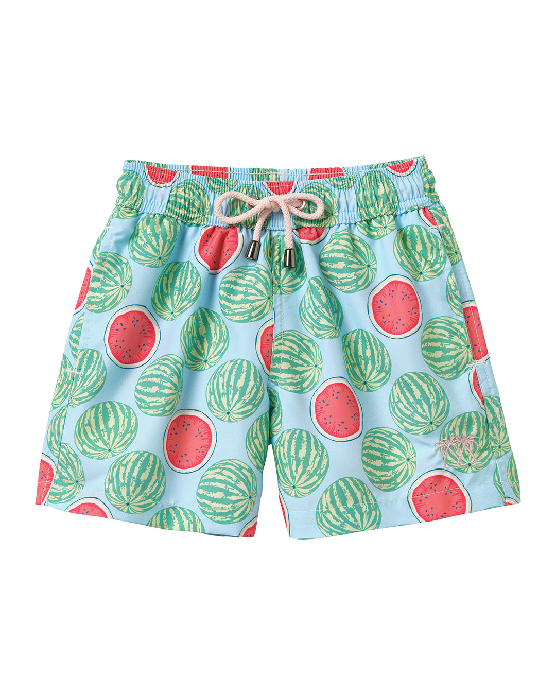 Boys' Watermelon swim shorts in sky blue with elasticated drawstring waist and recycled quick-dry fabric
