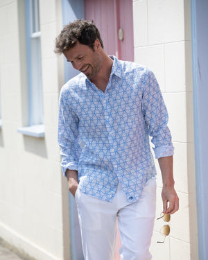 Holiday style mens linen shirt in Shelltop blue print by designer Lotty B