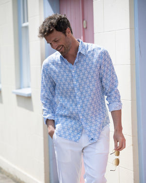 Holiday style mens linen shirt in Shelltop blue print by designer Lotty B