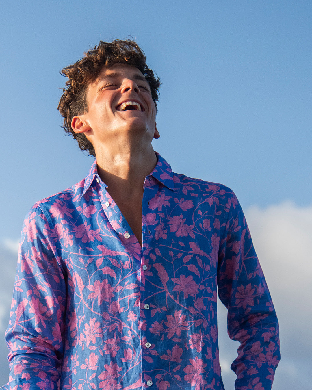 Men’s Iguana print linen shirt in blue and pink by Pink House Mustique, vibrant island resortwear style.