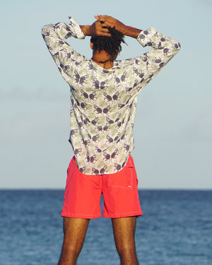 Caribbean style mens linen shirt in Monkey & Palm plum navy & green print by designer Lotty B
