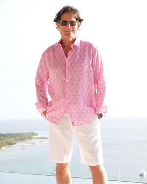 Caribbean holiday style men's linen shirt in pink Shelltop print