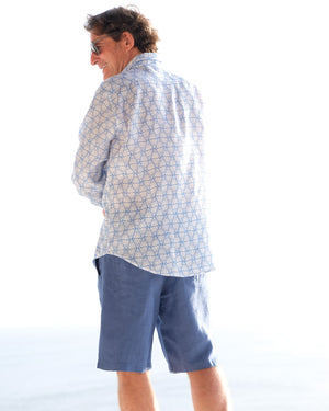 Island lifestyle mens linen shirt in Shelltop blue print by designer Lotty B