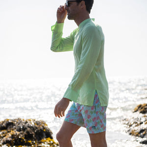 Mens swim shorts: MONKEY and PALMS - GREEN/PINK