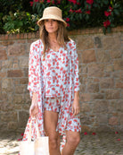 Who needs to dress for shopping with this Pink House silk pale blue and orange Flamboyant Flower print robe, top and shorts set by designer Lotty B