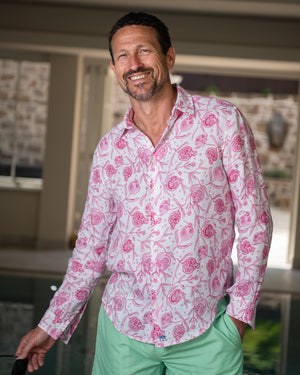 Holiday villa style mens linen shirt in Pomegranate pink print by designer Lotty B