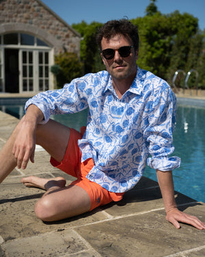 Poolside mens linen shirt in Pomegranate blue print by designer Lotty B