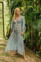 Poolside cover up 3/4 length silk chiffon kaftan cover up in pale blue Lurcher print by Lotty B Mustique