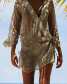 Beautiful cover-up style for tropical vacations, chiffon silk Kimono in pale blue and taupe Sand Dollar print, Lagoon bay, Mustique.