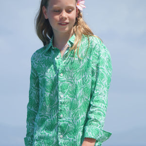Girls linen shirt in green floral Protea print by designer Lotty B for Pink House Mustique